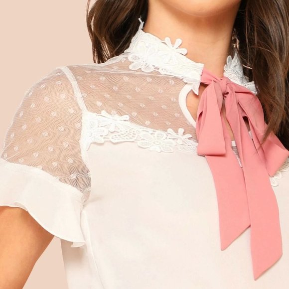 Dobby mesh yoke tie neck guipure lace top shirt with bow - Picture 6 of 6